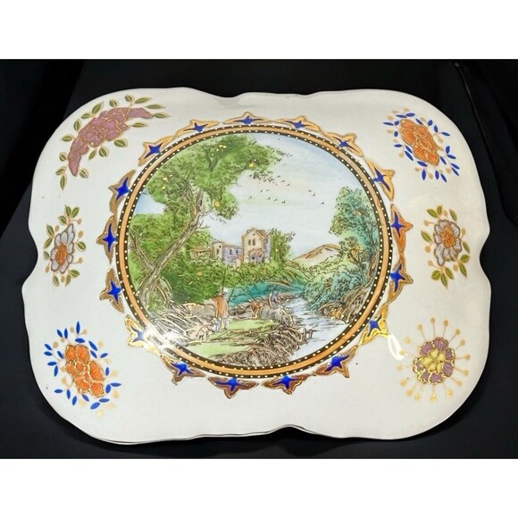 Vintage Gold Gilt Porcelain Dresser Trinket Box Village Scene Flowers 7.5
